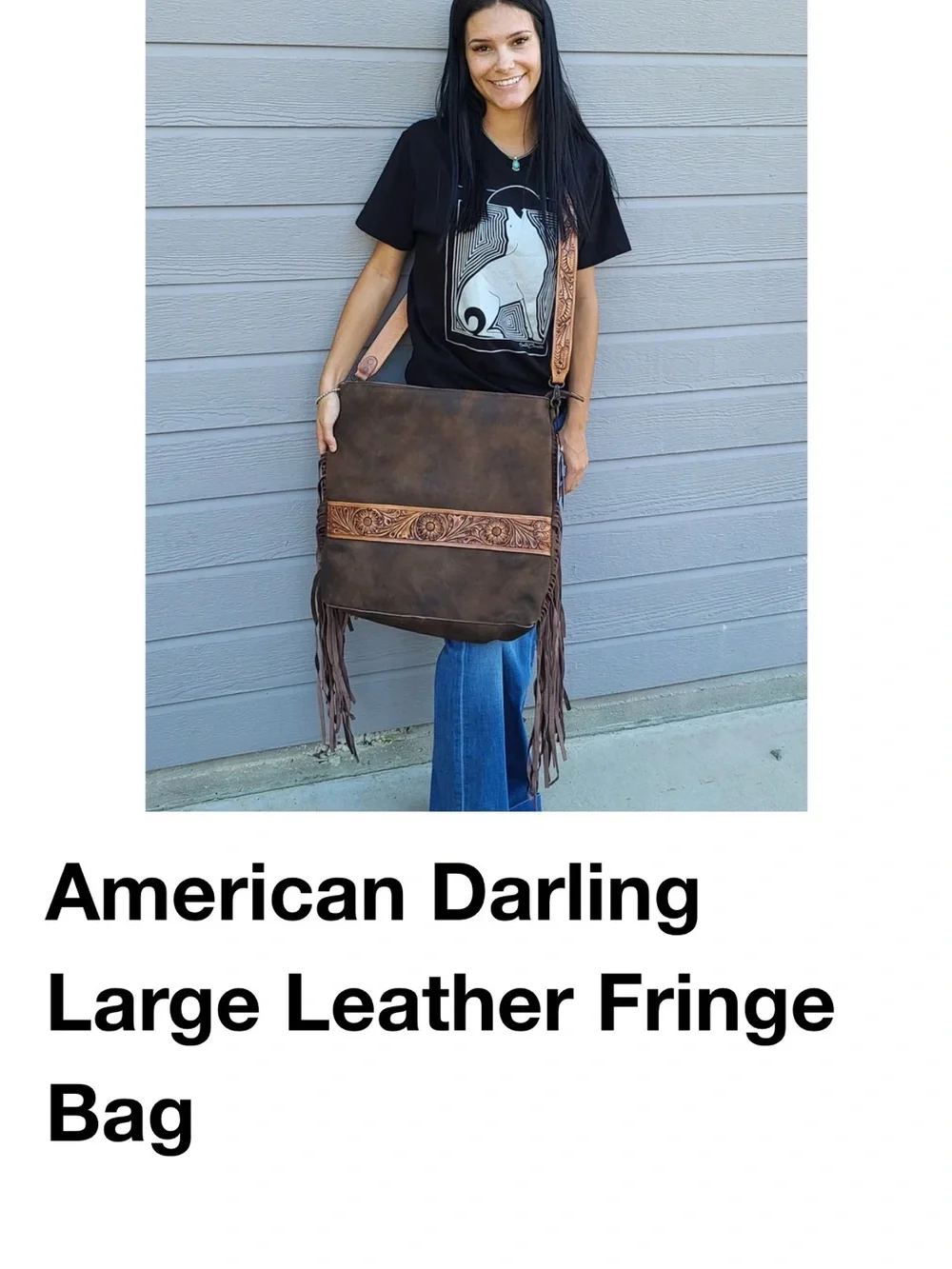 American Darling Distressed Brown Leather Fringe Messenger Bag with Tooled Strap - Picture 1 of 7